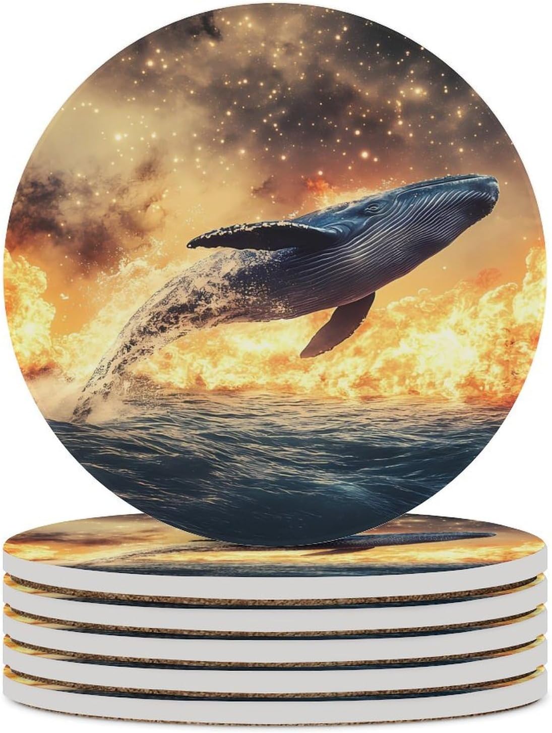 Whale War Fire Water Round Ceramic Coasters Print Drinks Absorbent with Cork Base for Home Decor Gifts 4 Inch