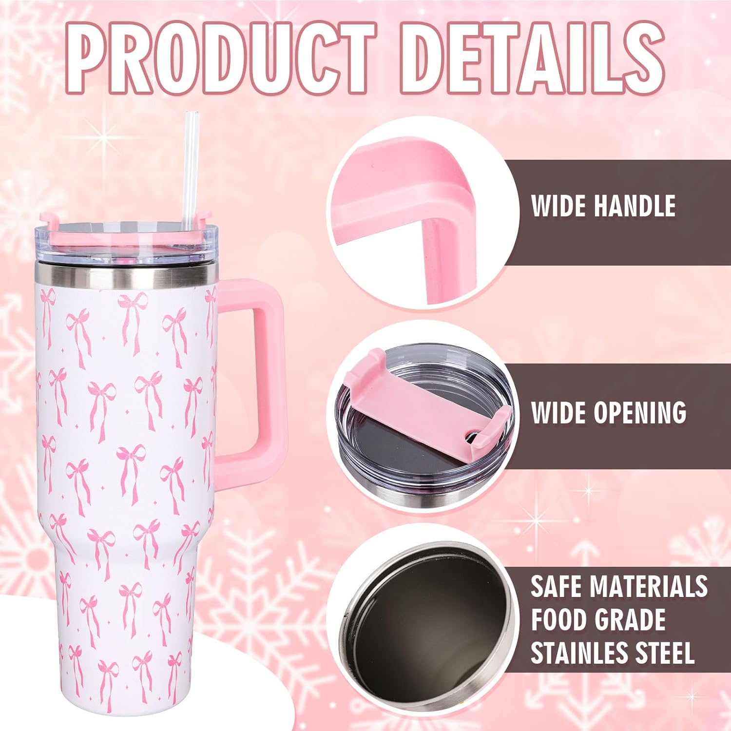 Whaline 40oz Valentine's Day Pink Bow Tumbler with Handle Straw and Lid Bow-Knot Travel Coffee Tumbler Cup for Women Friend Holiday Birthday Gift - Image 3
