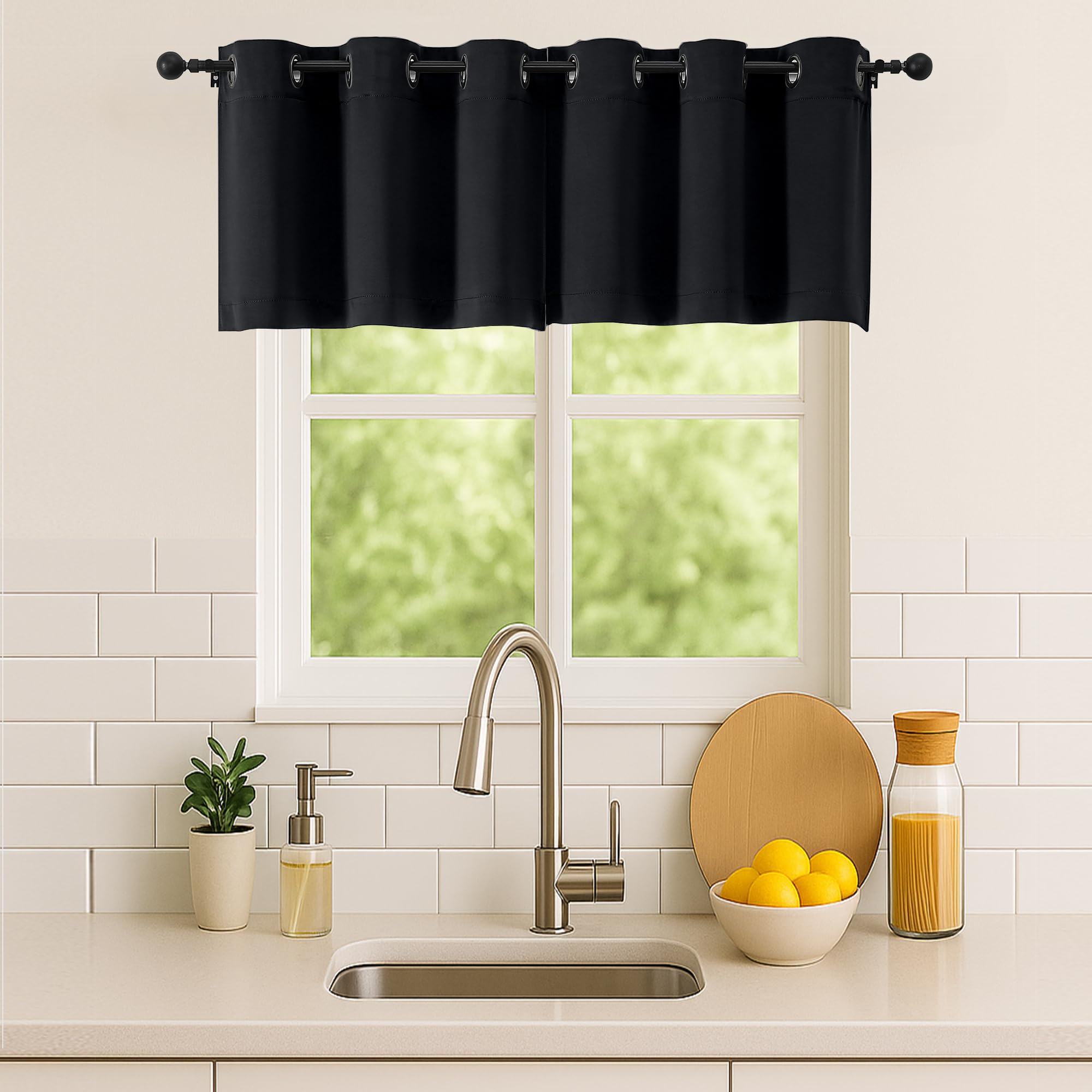 Simplebrand Halloween Black Kitchen Valances for Windows 18 Inches Long 2 Pack, Blackout Window Valances for Living Room, Grommet Short Straight Drape Kitchen Curtains for Bedroom Kids Room, 40Wx18L