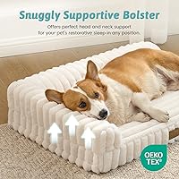 Vista 6 de Bonita cama para perro, cama ortopédica de espuma de conejo sintética con lados, funda extraíble lavable y forro impermeable, cómodo sofá para Crema