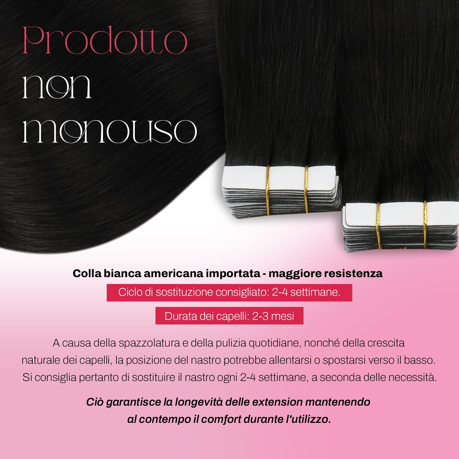 Moresoo Extension Capelli Veri Biadesivo 50 cm Nero Remy Umani Invisible #1B 20pz 50g