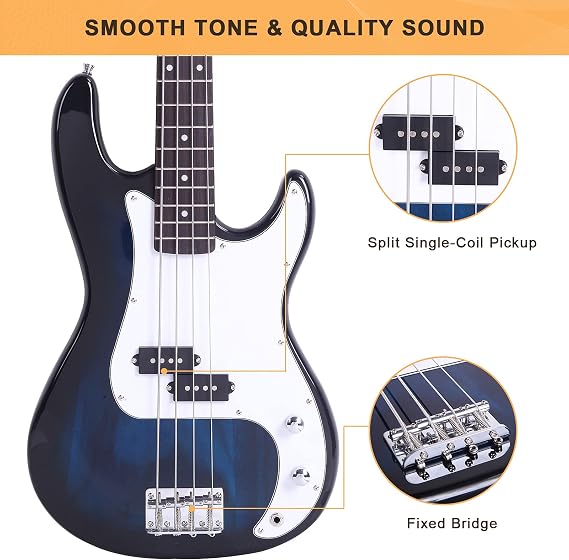Glarry Electric Bass Guitar Full Size 4 String Rosewood Basswood Fire Style Exquisite Burning Bass (Dark Blue)