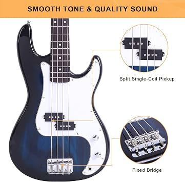 Glarry Electric Bass Guitar Full Size 4 String Rosewood Basswood Fire Style Exquisite Burning Bass (Dark Blue)