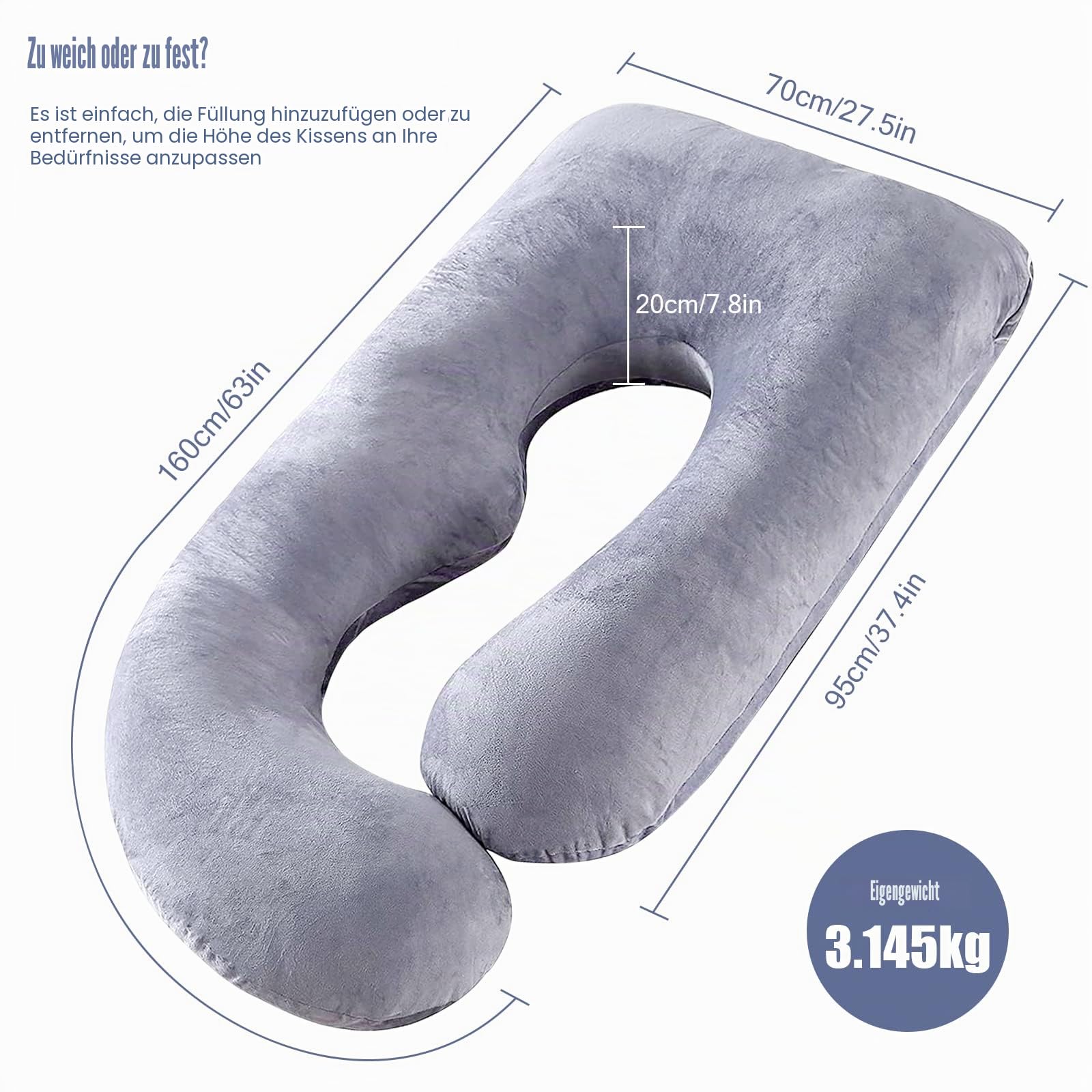 Labtec Schwangerschaftskissen, U förmiges Ganzkörperkissen, Stillkissen, J-förmiges Seitenschläferkissen, Body Pillow, Abnehmbarer Samt-Kopfkissenbezug