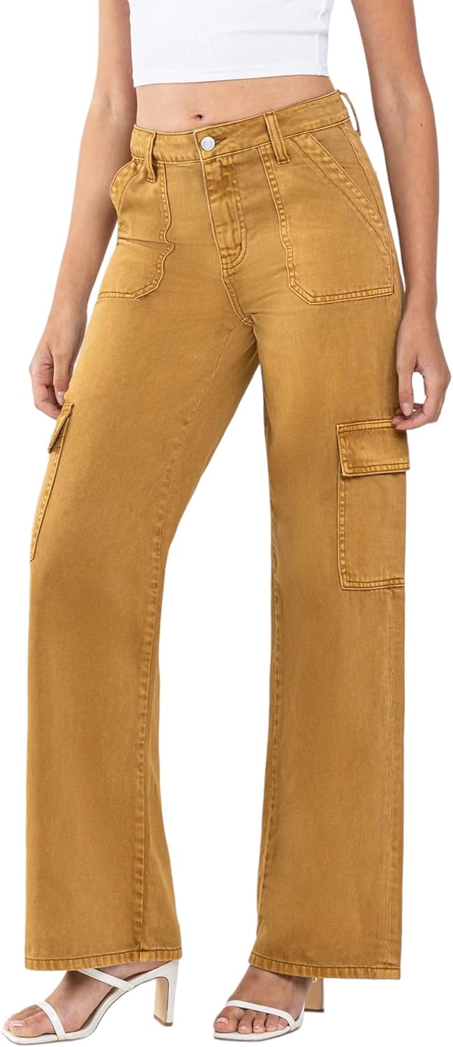 VERVET High Rise Utility Cargo Wide Leg Jeans Golden Brown T5823GB