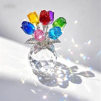 Colorful Glass Bouquet Flowers Crystal Rose Flower Figurine