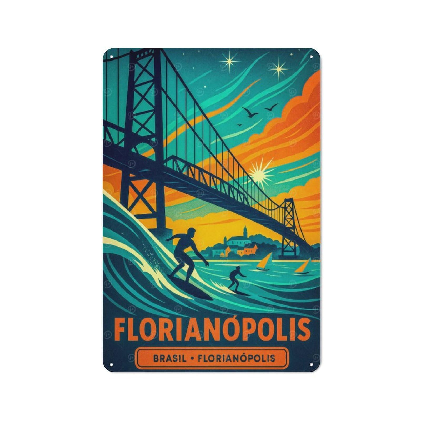 Junmoney Style-23 Tin Wall Plaque 30X20cm With Florianópolis, Brazil Surfing Travel For Garage Wall, For People Furnishing A Garage, For Retro Home Interiors