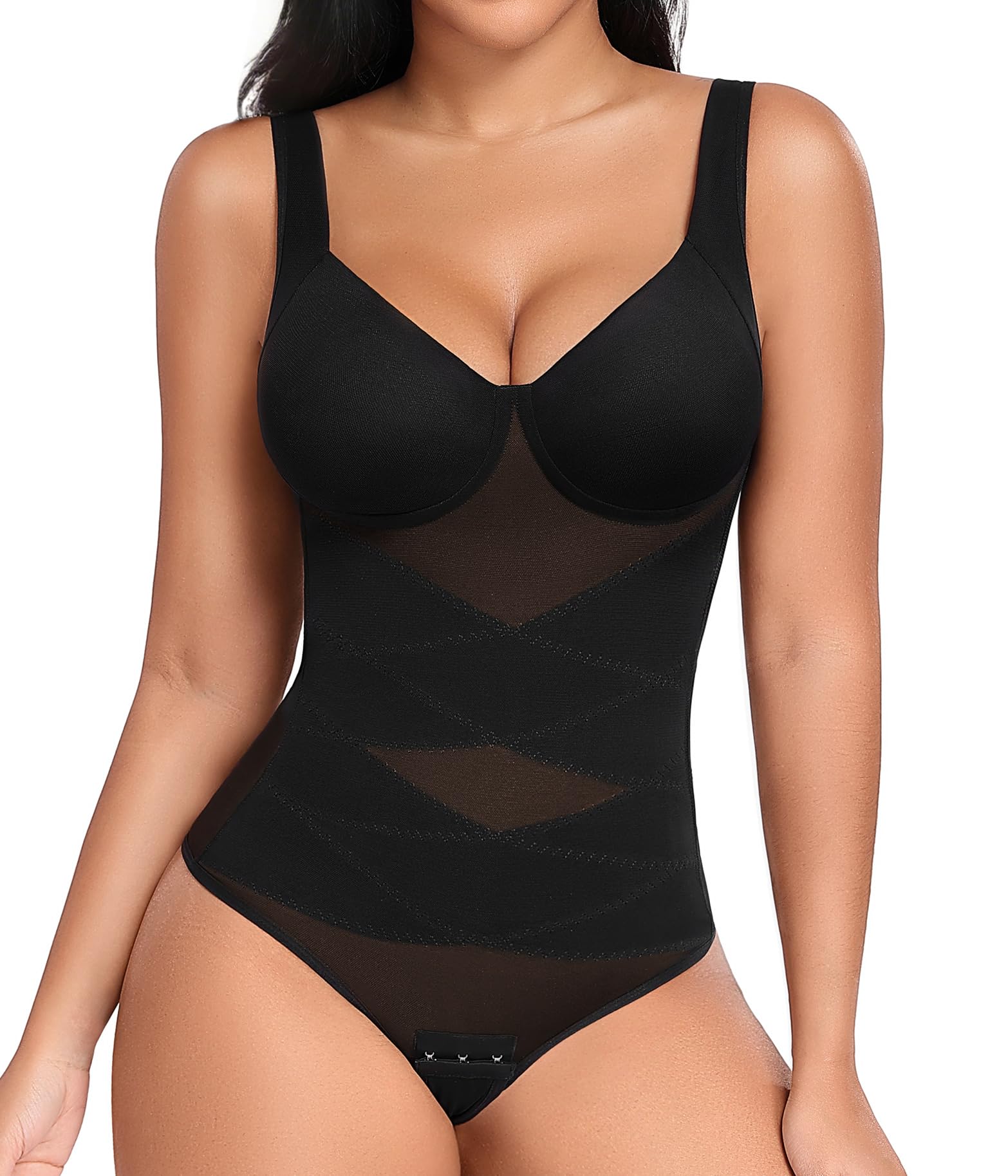 Niwicee Shapewear Damen Body Shaper Bauchweg Bodysuit Tanga Mesh Atmungsaktiv Shapewear V-Ausschnitt Formende Miederbody Figurformende Tank Top Jumpsuit Shaping mit BH