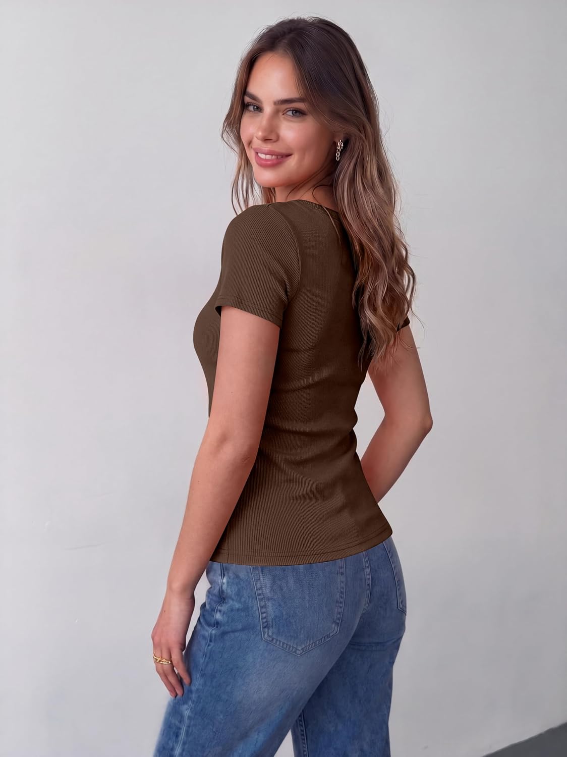  Womens Tops Short Sleeve Rib Knit Basic Tee Scoop Neck Fitted Shirt thumbnail