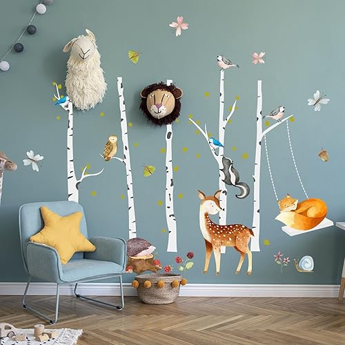 Miniatura 5 de SUPERDANT Calcomanías de pared de árboles de abedul, animales del bosque, decoración neutra para guardería, ciervos, cardenales, pájaros, despegar y