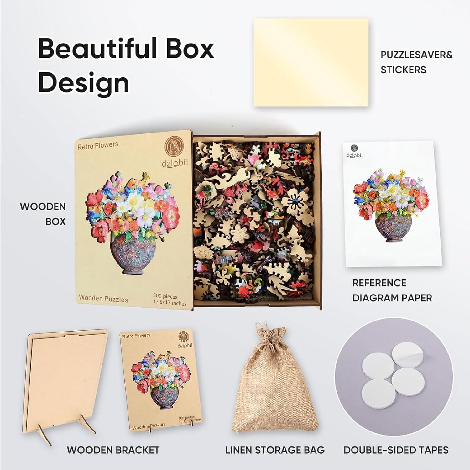 Delobil Flower Wooden Puzzles for Adults, 500 Pieces Vase Jigsaw Puzzles, Unique Shaped Wood Puzzle Birthday Gift for Mom Adults and Kids, Family Game 17.5'' x 17''