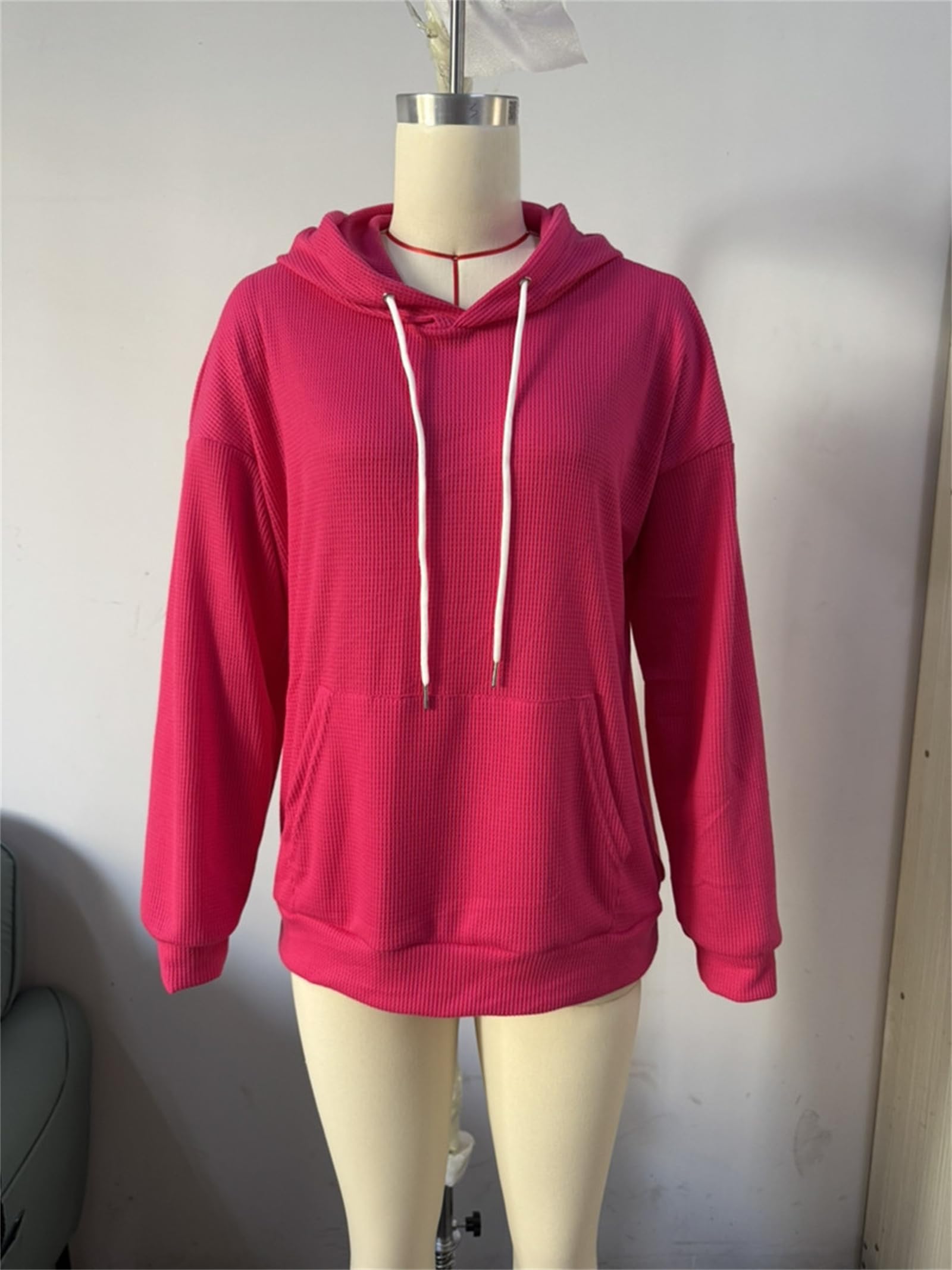 Damskie bluzy z kapturem na wiosnę jesień waflowe bluzy ze sznurkiem prążkowany sweter z dzianiny moda plus codzienne zimowe topy