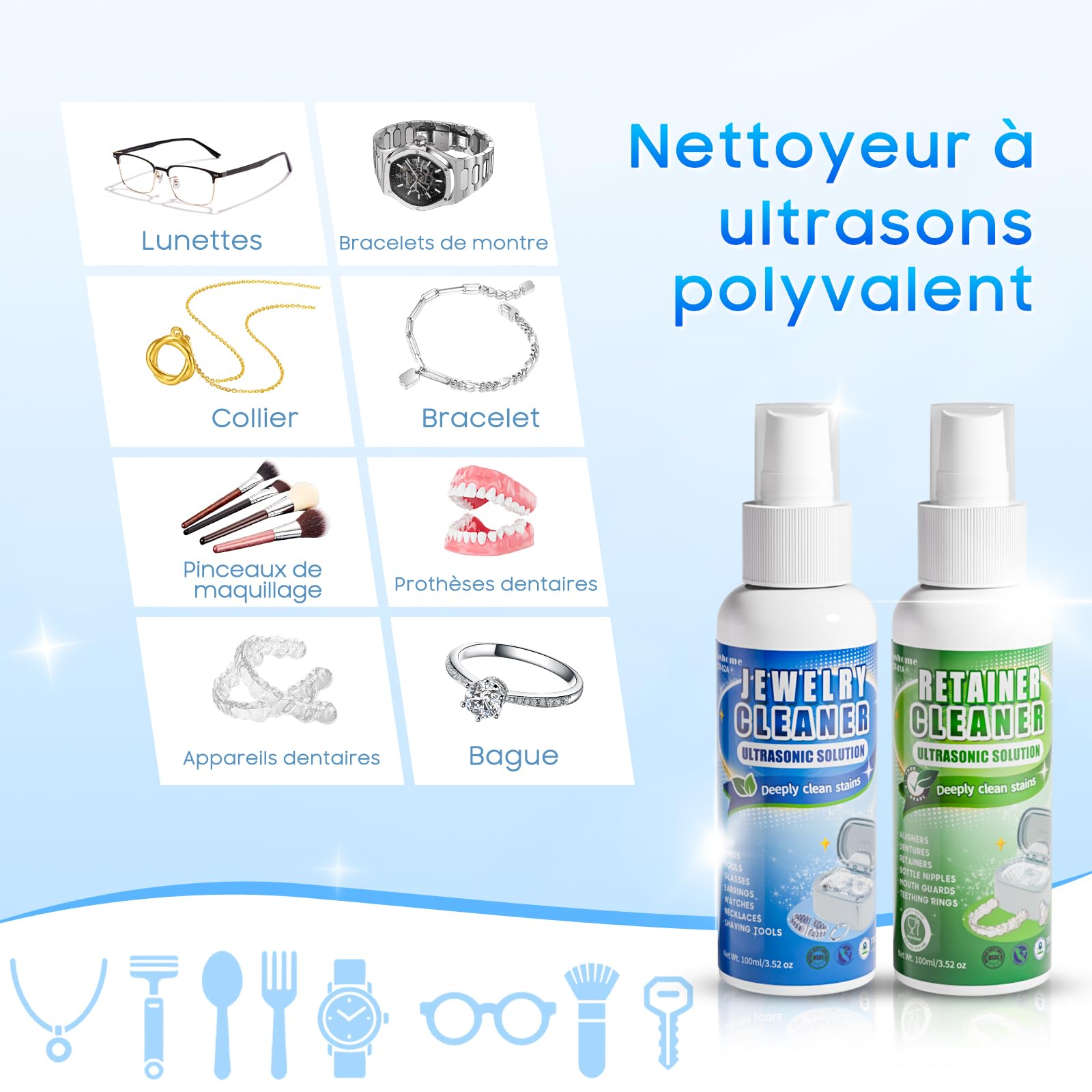 Fashome Nettoyeur Ultrasons 45KHz, 3 modes, cuve en acier inoxydable de 550 ml avec 2×100 ml de solution de nettoyage, adapté aux bijoux, lunettes, bagues, prothèses dentaires, élégant coffret cadeau