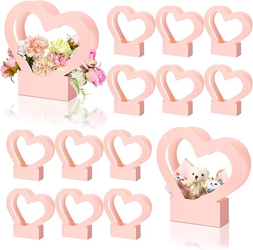 12 cajas en forma de corazón para flores, bolsas vacías de ramo con asa, cesta plegable para el día de la madre, graduación (negro)