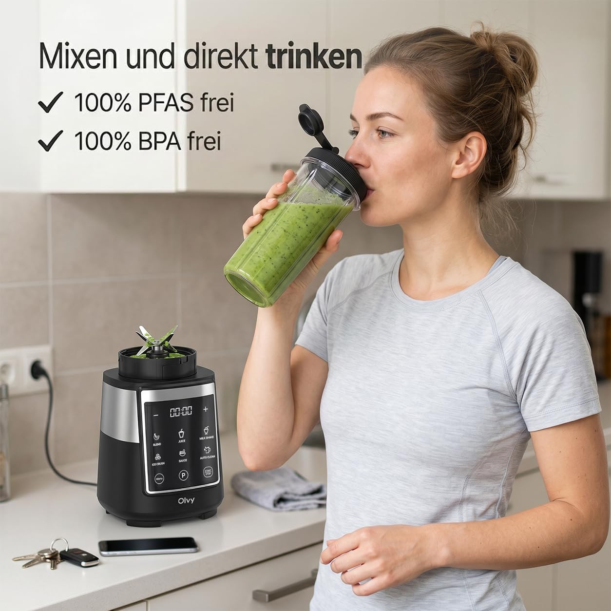 Olvy Frullatore Smoothie Maker 1500ml Vetro To-Go Timer LED 6 Lame-Black