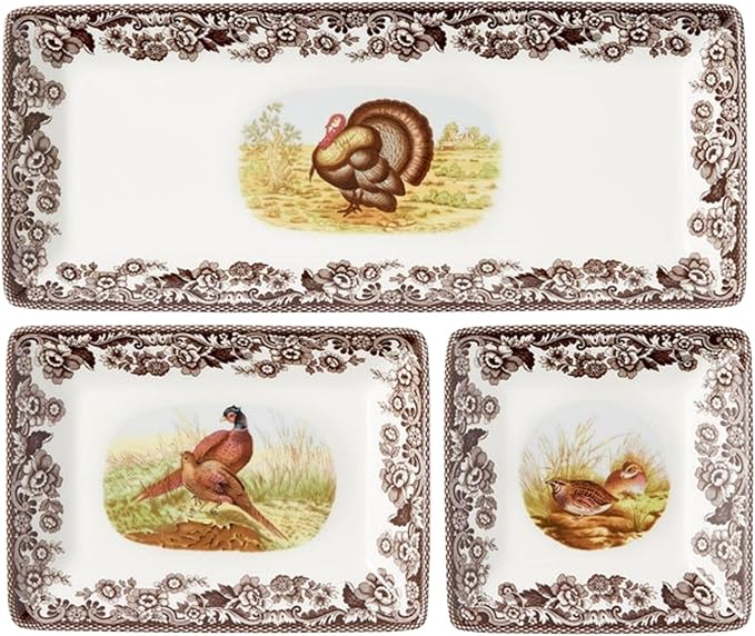 Spode Woodland 3-Piece Porcelain Tray Set - Turkey, Pheasant, Otter Wildlife Art, Great for Holiday Appetizers & Snacks - Stackable Design with Floral Borders, Dishwasher Safe, Oven Safe Trays