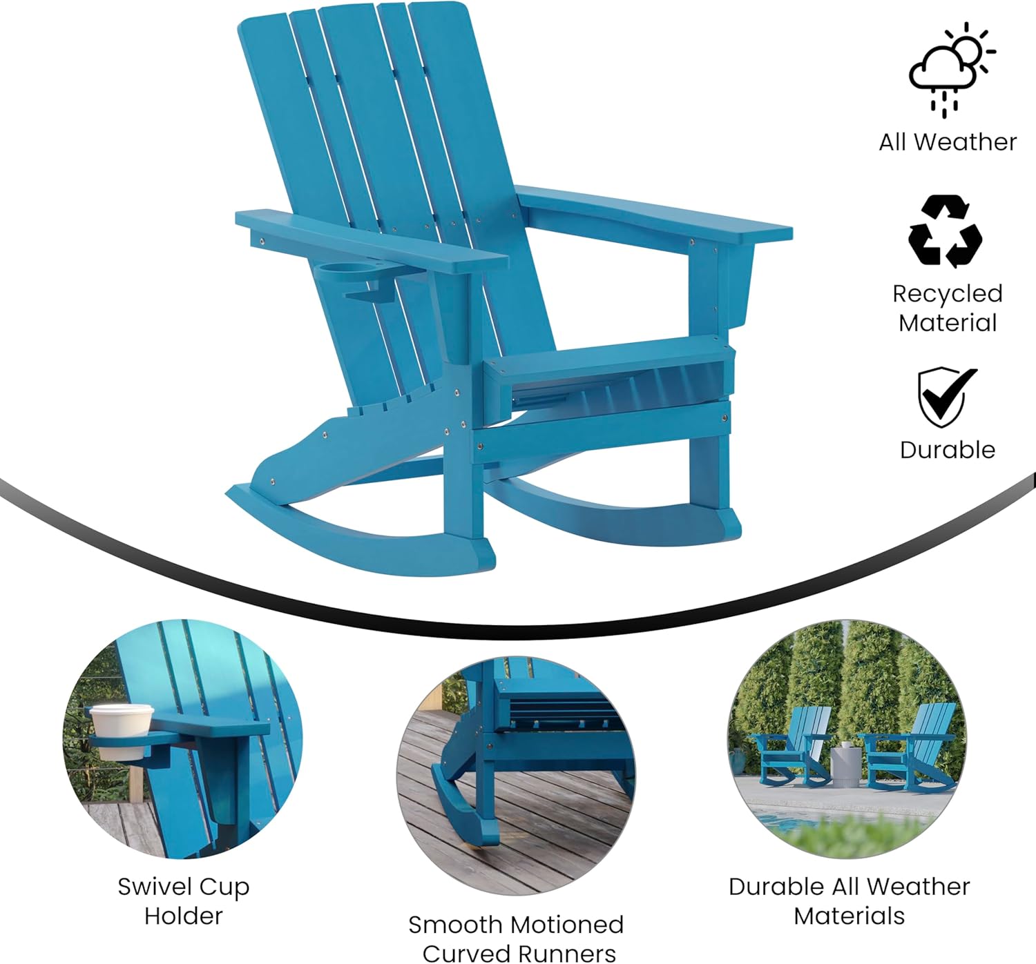 Flash Furniture Halifax Adirondack Rocking Chair with Cup Holder, Weather Resistant Poly Resin Adirondack Rocking Chair, Blue