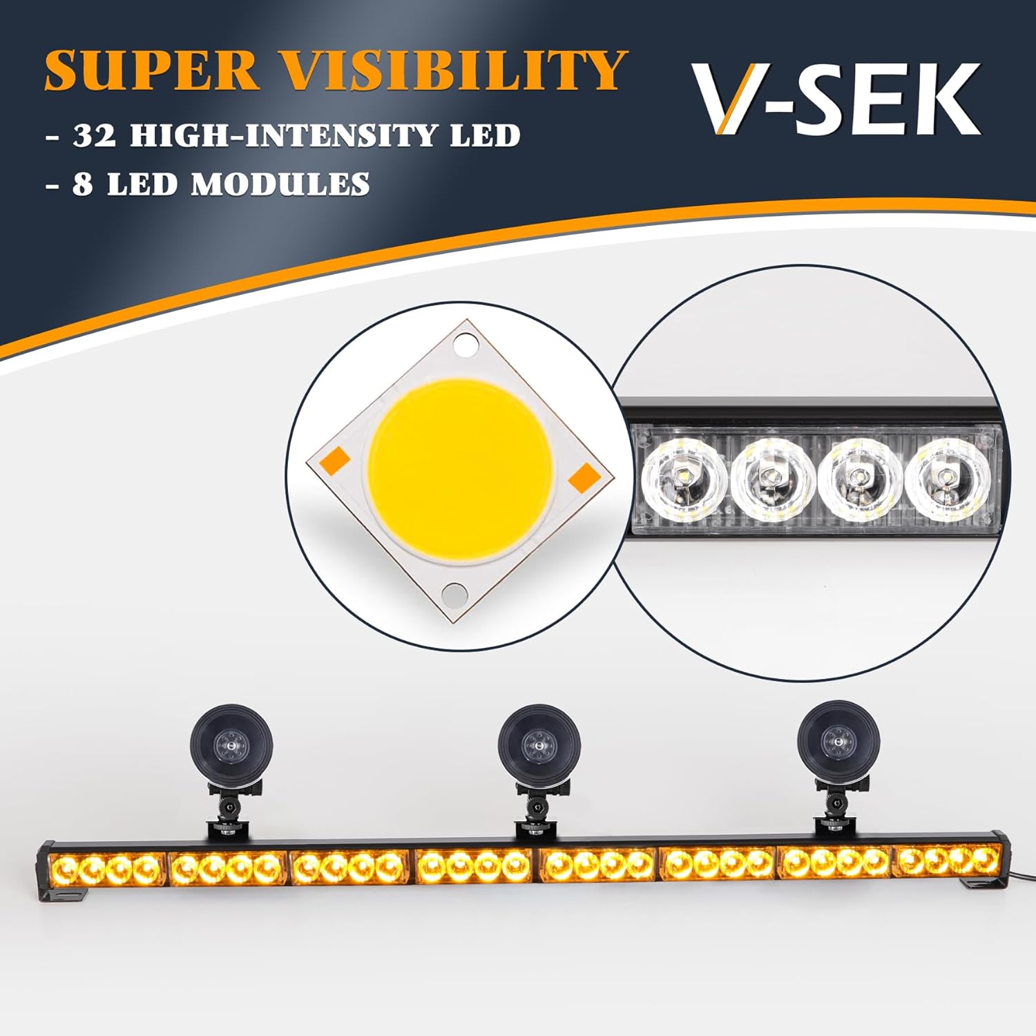 35.5 Inch Hazard Warning Emergency Traffic Advisor Strobe Light Bar 32 LED High Intensity Directional Flashing Safety Lightbar 13 Flashing Modes Cigarette Lighter Suction Cups (Amber Yellow)