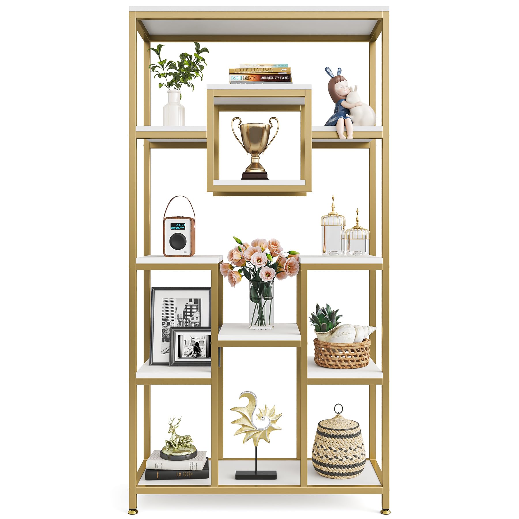 Tribesigns Estantería de 180 cm de alto, moderna de pie con 8 estantes abiertos, visualización alta para salón, dormitorio, oficina en casa, oro y blanco (2 unidades)