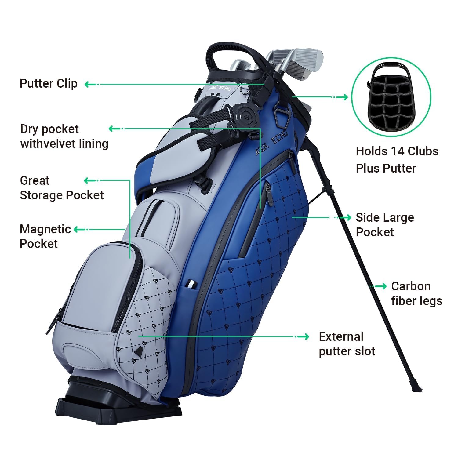 ASK ECHO Golf Prestige-14 Way Hybrid Stand Bag - Premium Leather Outdoor Putter Clip (Navy Grey)