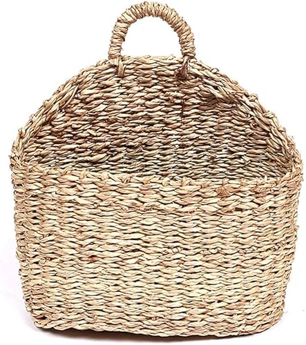 Cesta de almacenamiento de mimbre de hierba marina con asa, cesta colgante tejida de sauce semicircular para el hogar, jardín, decoración de pared