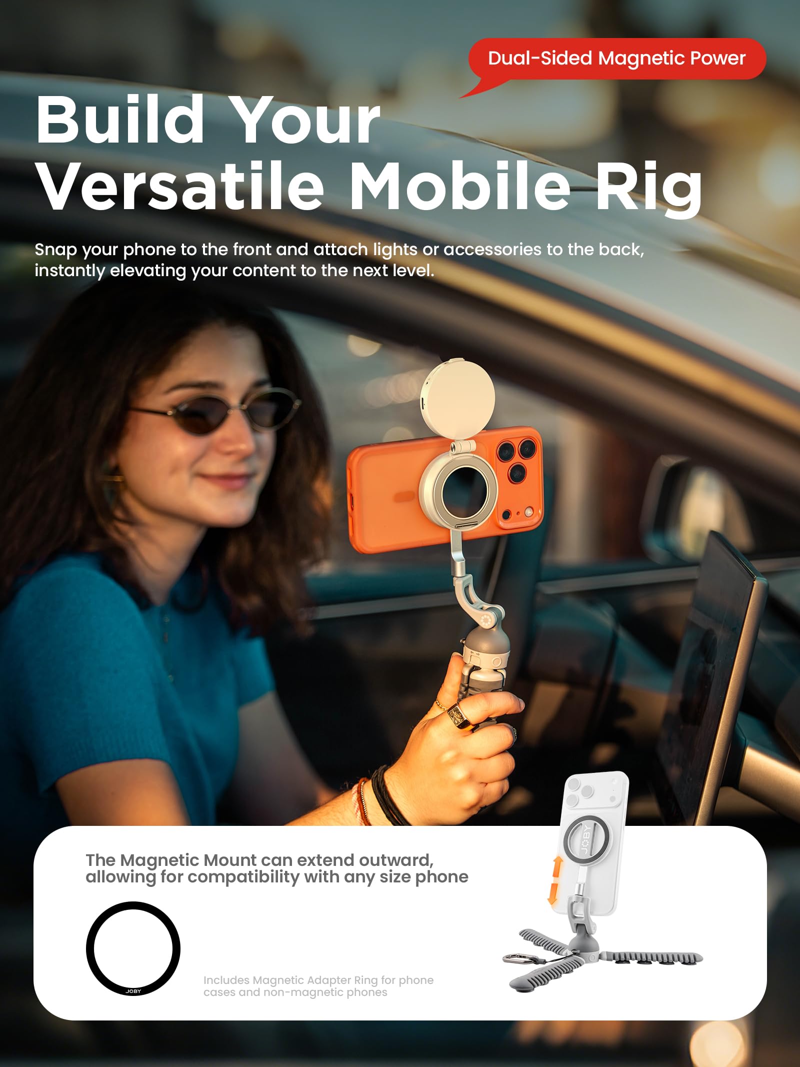 JOBY PZ01 PodZilla Octo Treppiede per Cellulari con Ventose e Magnete: Supporto Flessibile per iPhone e Android, Compatibile con MagSafe, Ultra Leggero (146g), Grigio
