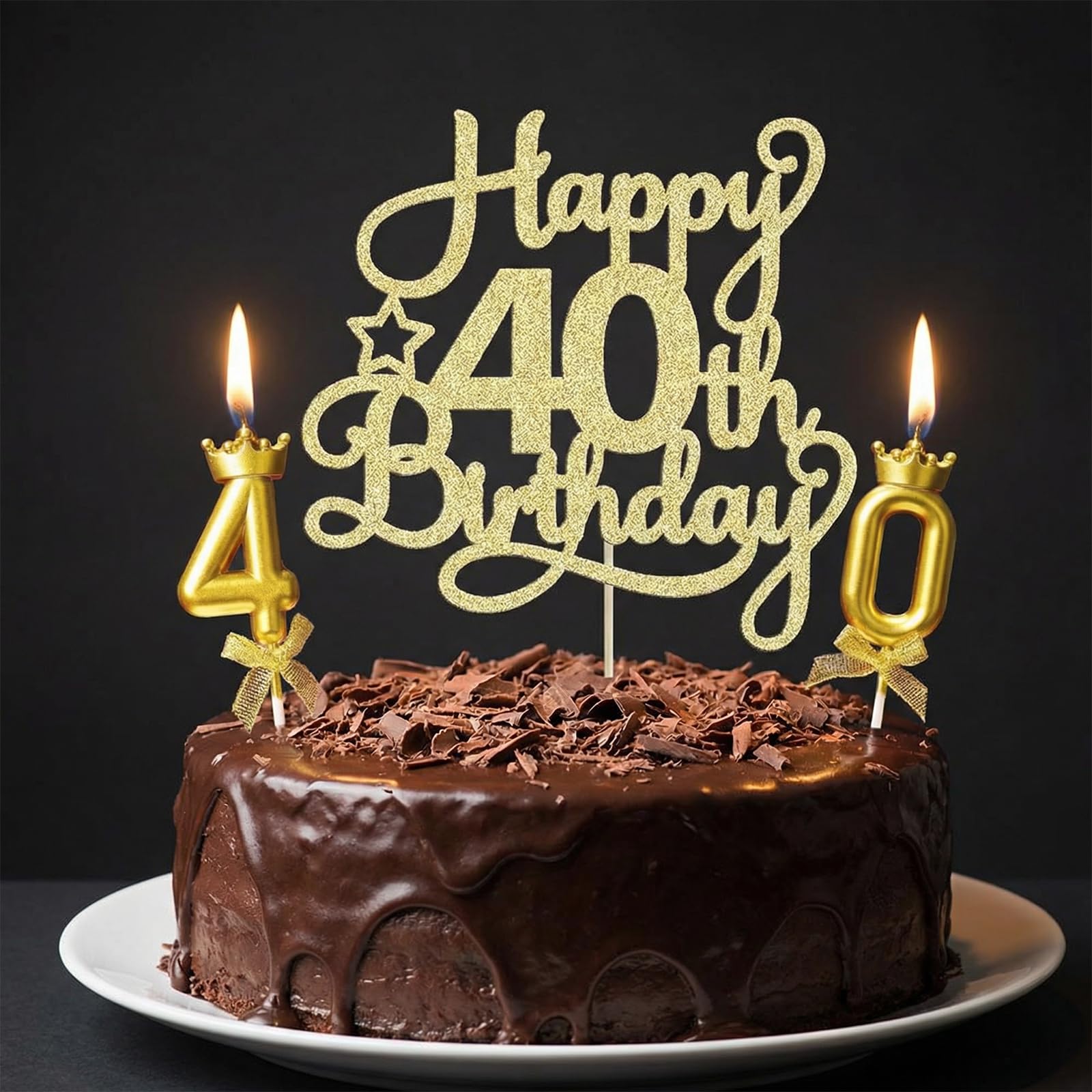Retwot Gold 40Th Birthday Candles & Cake Topper Set - Glitter Drip-Free Number 40 Candles With Birthday Sign For Adult Party Decor
