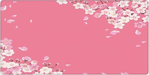Bonita alfombrilla de mouse para juegos con diseño de flor de cerezo XXL, alfombrilla de escritorio para teclado rosa grande con bordes cosidos y