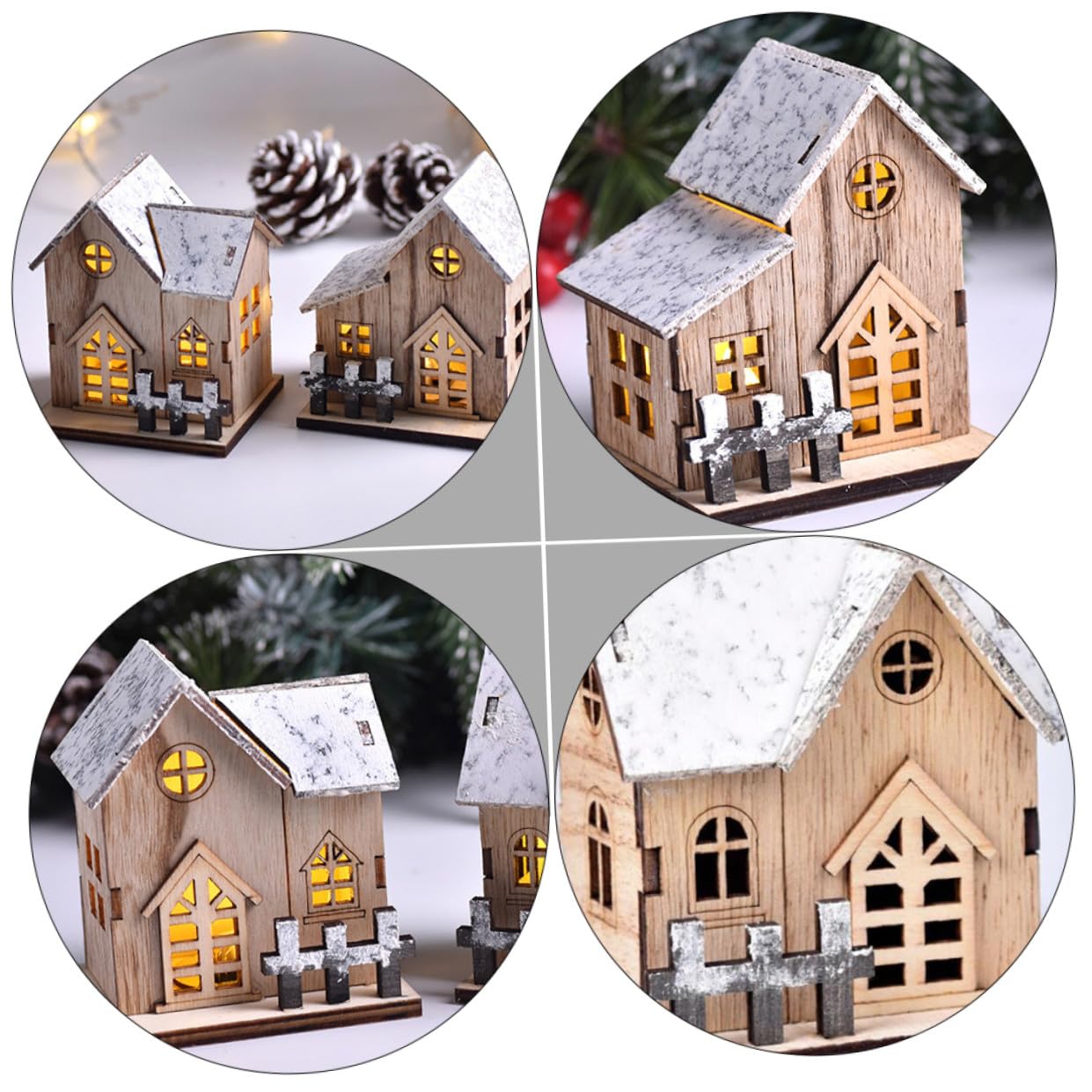 3piezas Adorno Navideño de Escritorio Casa de Madera Luminosa Decoración Navideña Hogar Casa de Madera Escena Navideña para Decorar Interiores