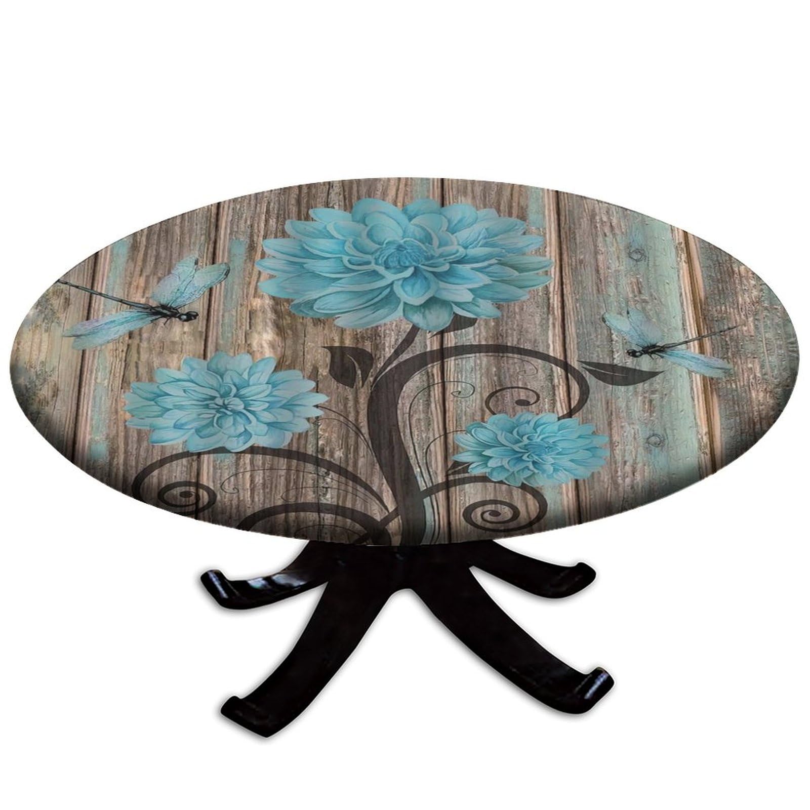 Round Fitted Polyester Tablecloth, Vintage Wood Grain Blue Floral Elastic Edge Home Decorative Tablecloths, Waterproof Stain Resistant Table Cover For