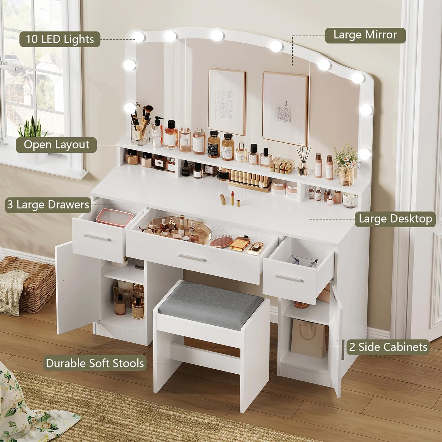 Diagram of the usikey Large Vanity with Mirror and Light, highlighting features like 10 LED Lights, Large Mirror, Open Layout, 3 Large Drawers, Large Desktop, 2 Side Cabinets, and Durable Soft Stools.