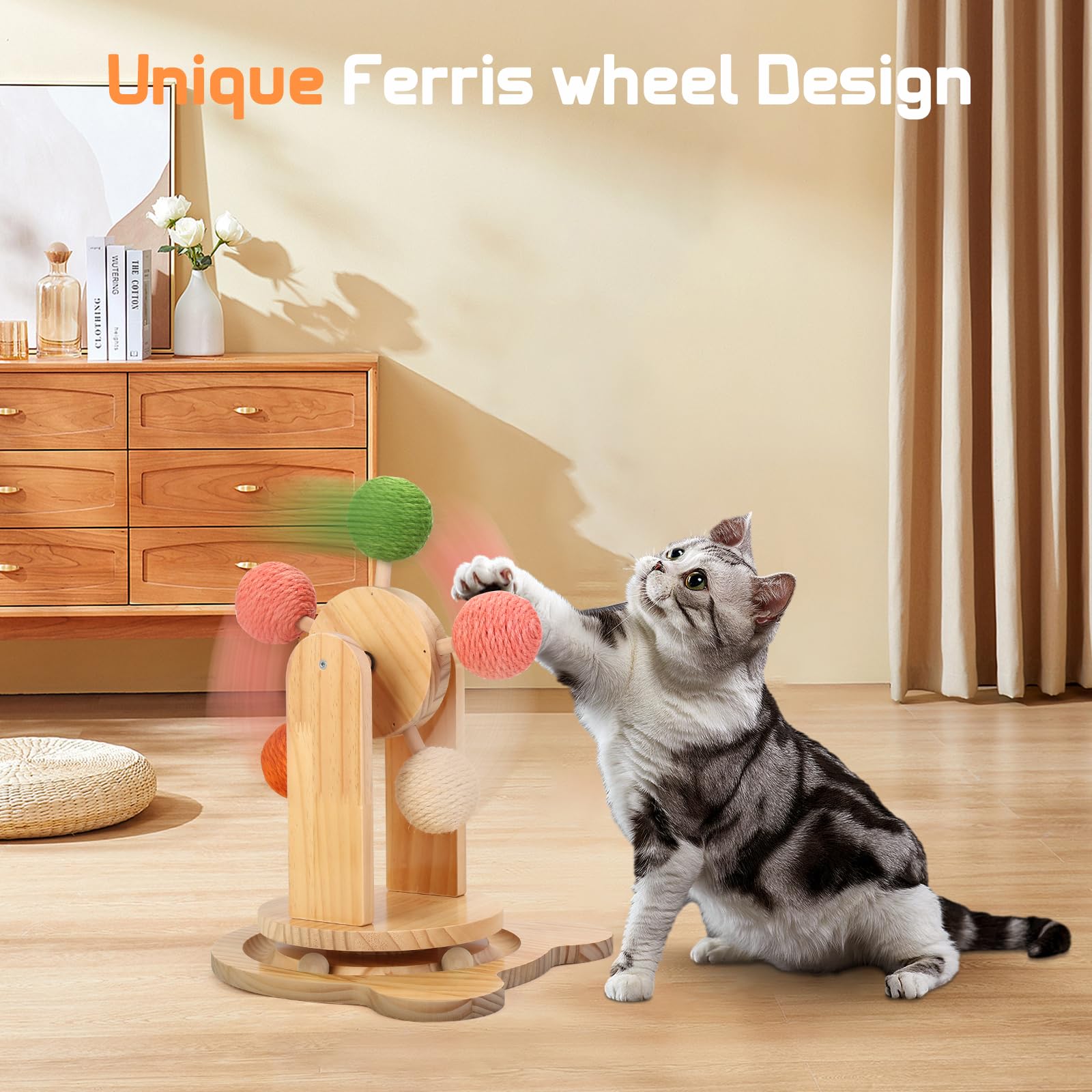 Roulettes pour chat d'intérieur, piste de balle 2 en 1 pour chat, jouet interactif à griffer pour chat, balle griffoir pour chat, base en bois massif