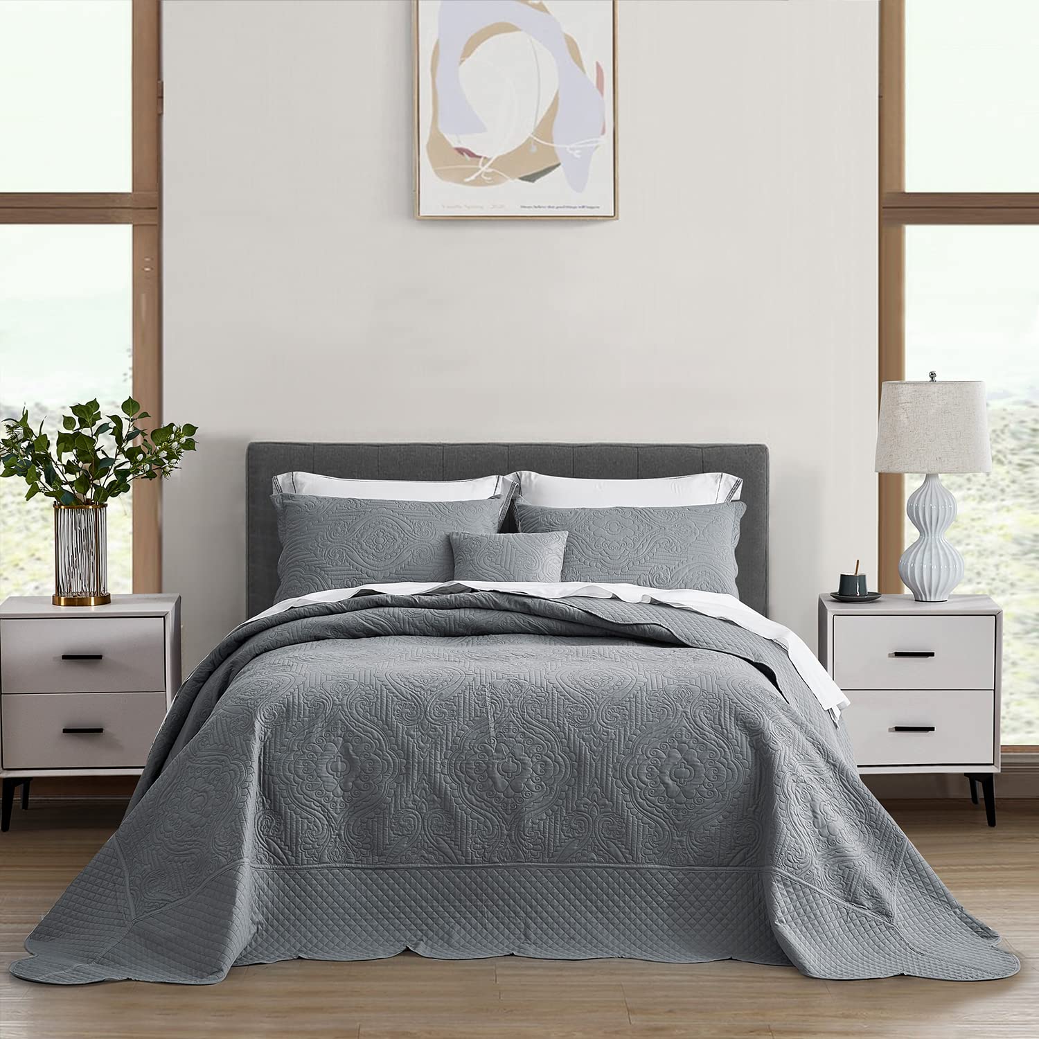 HZ &amp; HY Oversized King Bedspreads, Embossed Damask, Grey