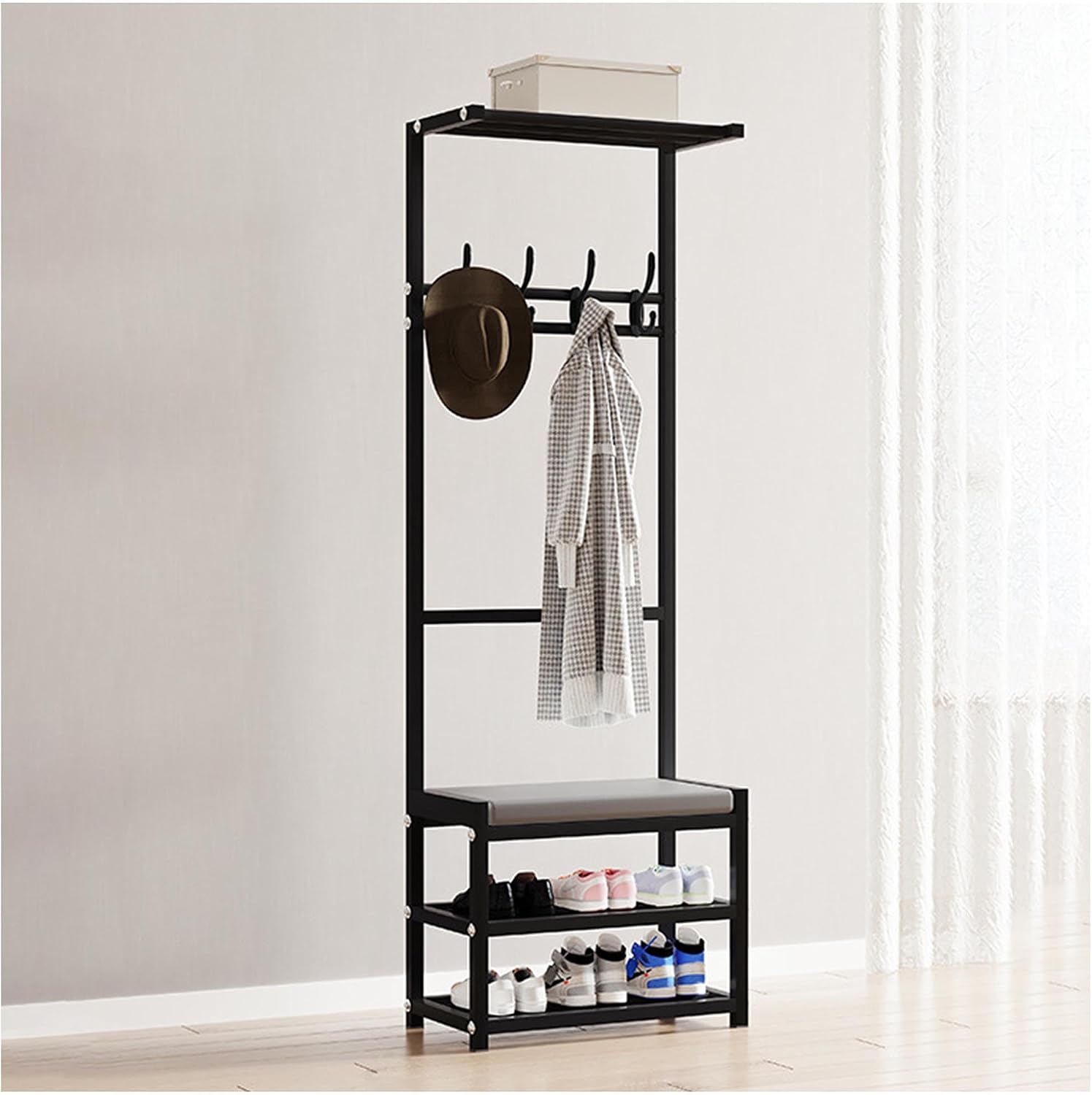 Coat Rack Entryway Bench Hall Tree with Storage, Shoe Rack Organizer Stand with Soft Cushion for Home, 4-in-1 Organization Furniture