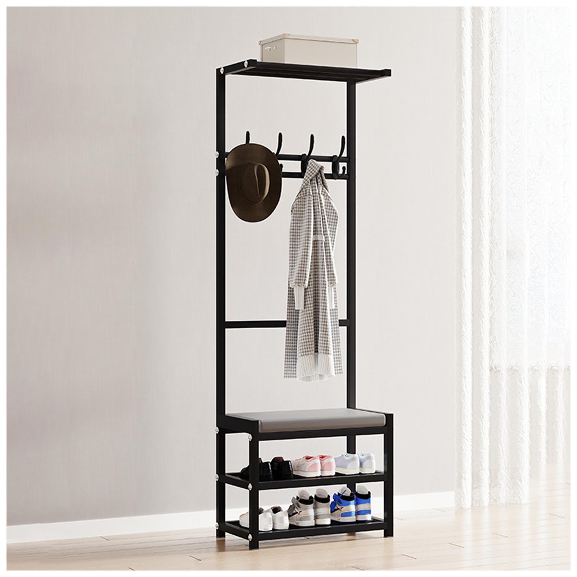 MYUYEE Entryway Bench With Coat Rack, 4-In-1 Hall Tree With Soft Cushion Storage Bench, Shoe And Coat Rack Freestanding, Multifunctional Home Orga(Black-40X26X160Cm)