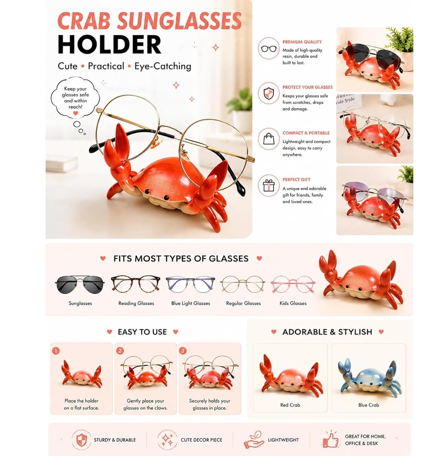 Cute Crab Eyeglasses Holder Stand, Decorative Glasses Display Rack, Desk Sunglasses Organizer, Novelty Eyewear Storage Holder for Reading Glasses, Office Desk & Nightstand Decor.