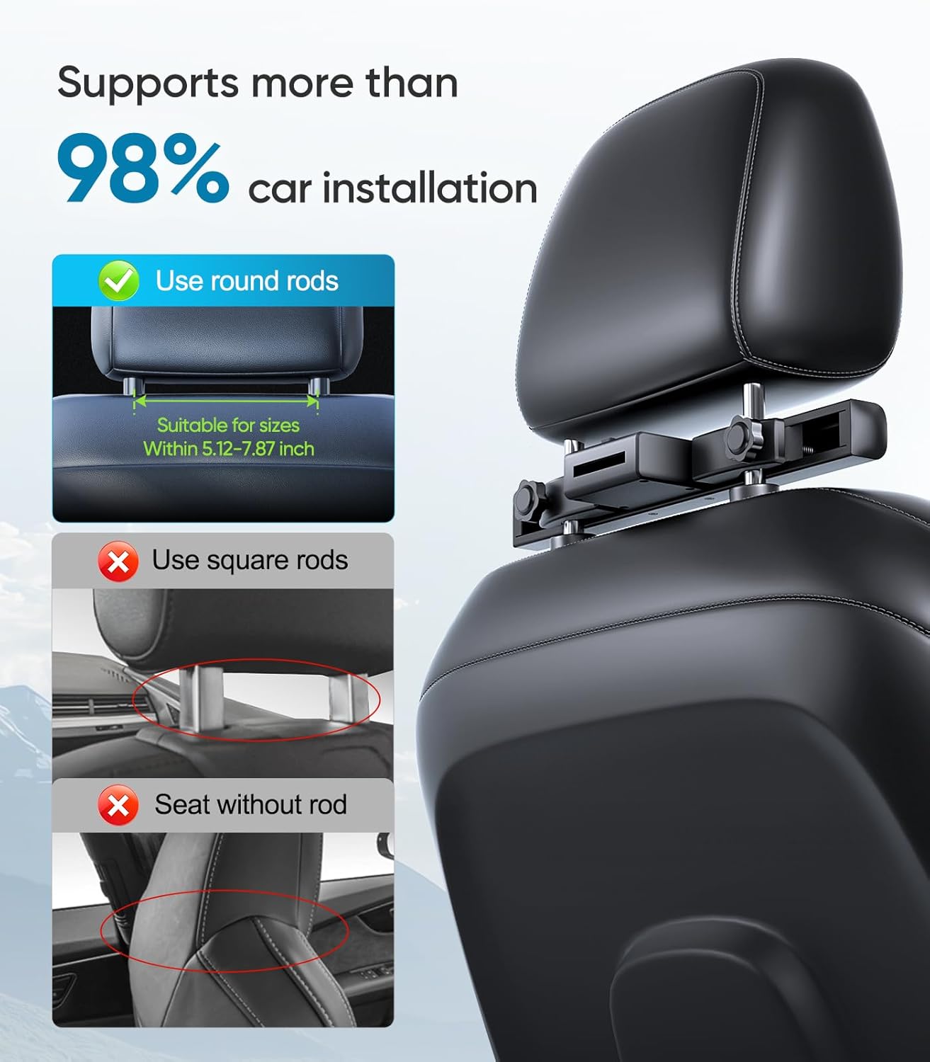 Diagram showing compatible car headrest rod types (round rods) and incompatible types (square rods, no rods) for installation.