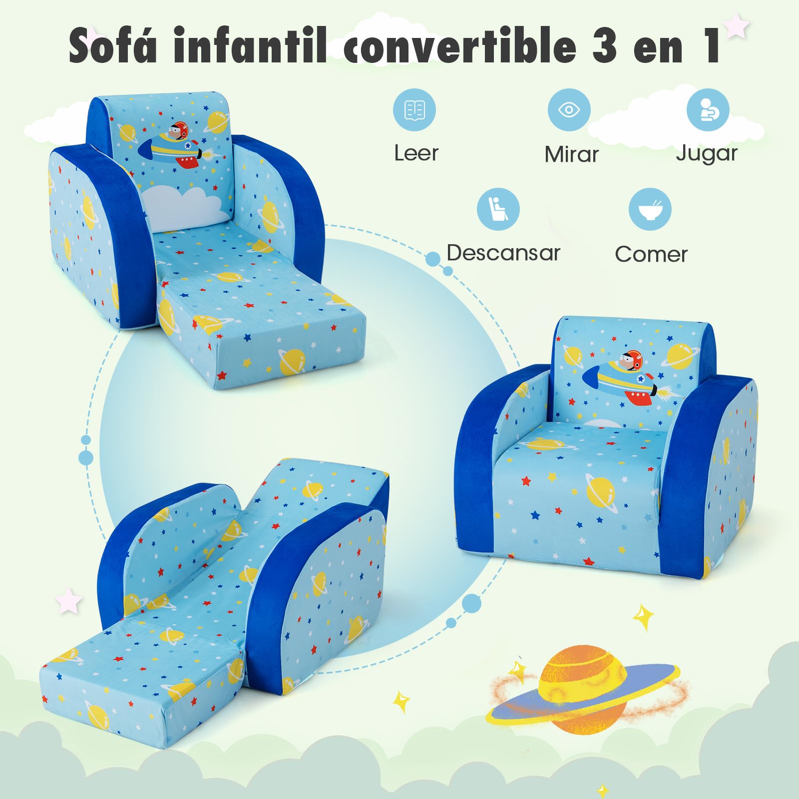 COSTWAY Sillones Infantiles Convertible 3 en 1, Sofá Cama para Niños con Asiento Acolchado de Espuma, Funda Protectora Extraíble, Sillón Reclinable Plegable para Niños de 0-5 Años (Azul, avión)