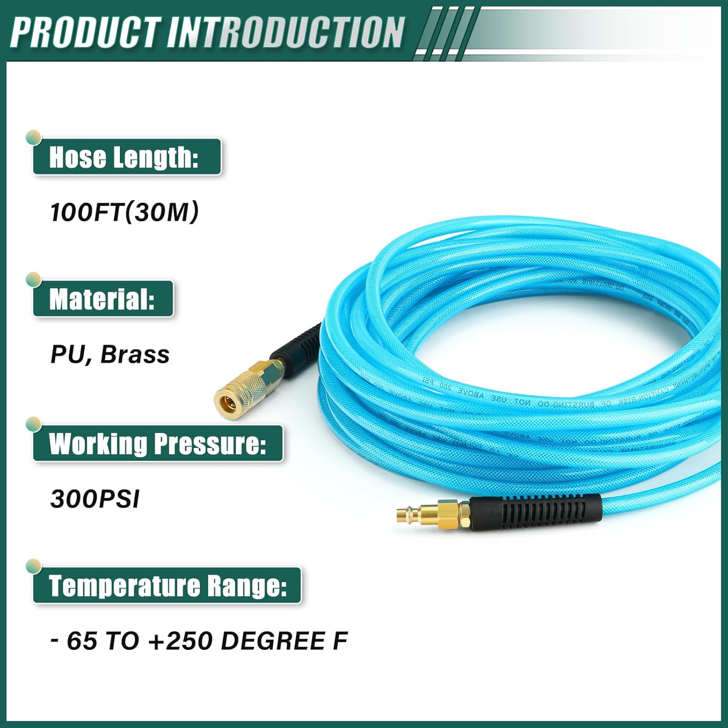 Polyurethane 1/4"x 100 ft Air Hose, PU Air Compressor Hose with Bend Restrictors and Brass 1/4" NPT Universal Quick Coupler, Plug I/M Maximum Working Pressure of up to 300 PSI (Blue)