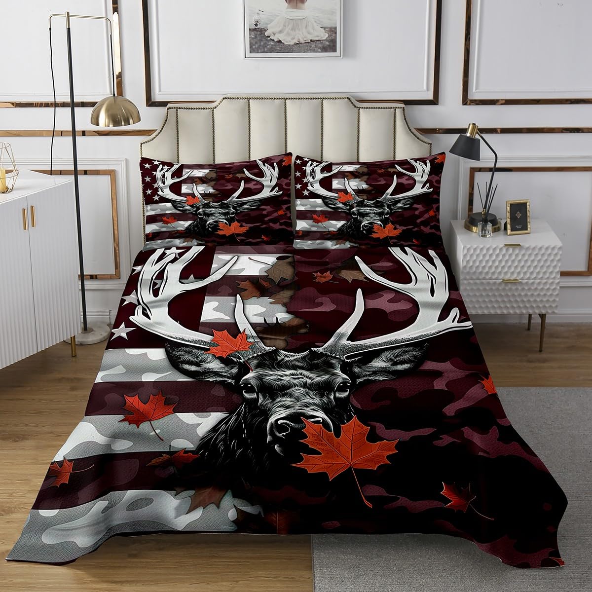 Homewish Deer Antler Bedspread for Kids Boys,Wildlife Darn Red Camo Print Coverlet Set Bedroom Decor Soft Quilted,American Flag Orange Maple Leaves Quilt Set with 1 Pillow Sham, Twin Size