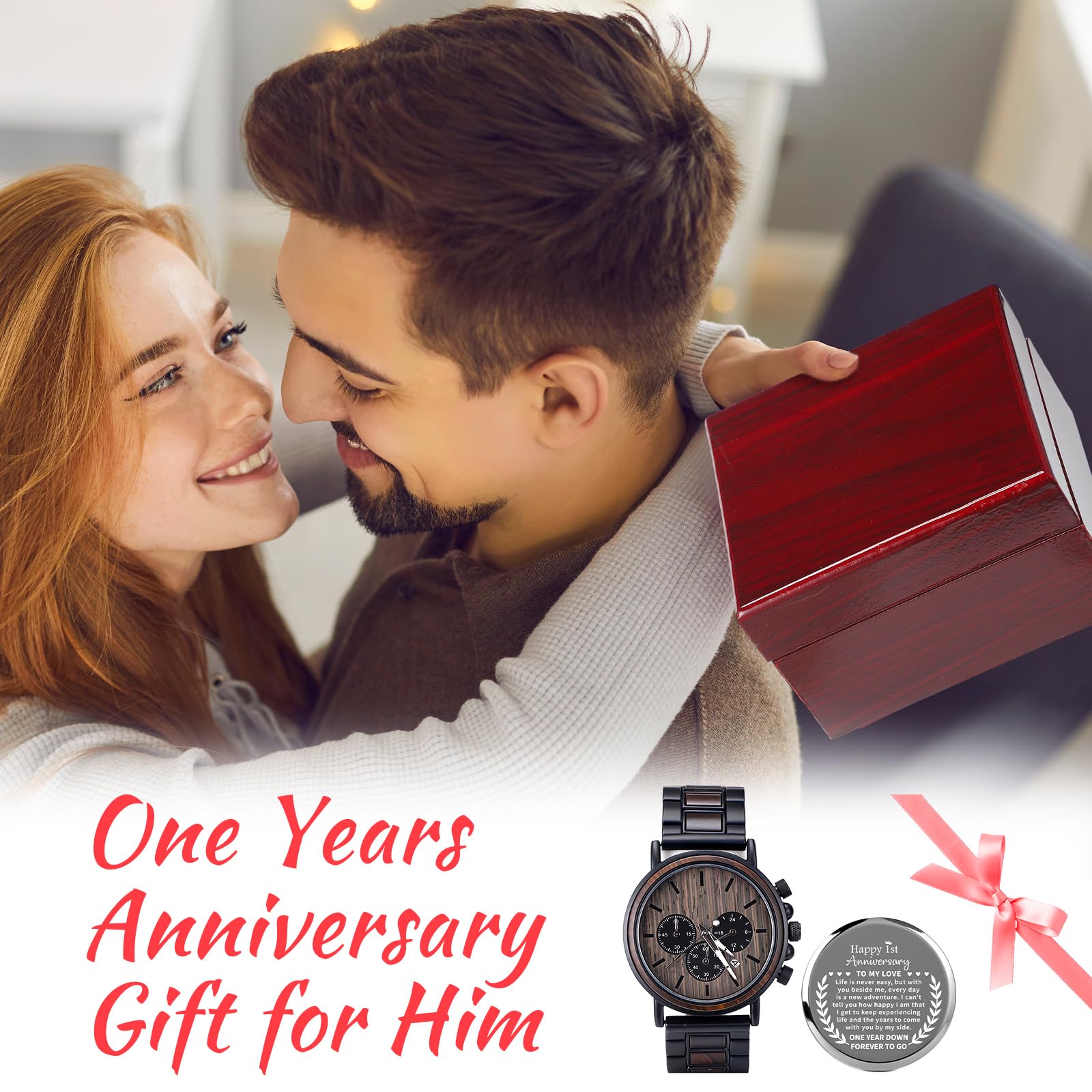 Threehoney Orologio da uomo in legno inciso, regalo per anniversario di matrimonio, ricordo per marito, per fidanzato