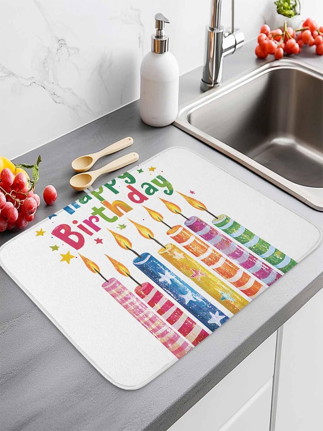 Birthday Candle Drying Mats for Kitchen Counter 2 Pcs, Colorful Pentagram Microfiber Absorbent Dish Drainer/Rack Mat,Reversible Hangding Quick Drying kitchen Decor,18x24 Machine Washable
