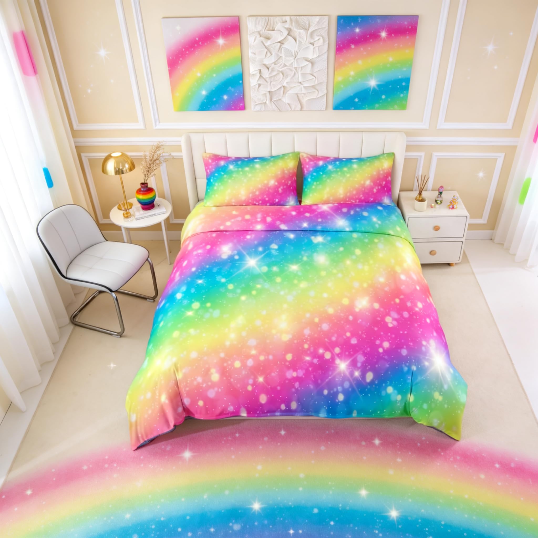 Loussiesd Rainbow Galaxy Bedding Set Girly Glitter Duvet Cover Set Colorful Starry Sky Nebula Comforter Cover Universe Galaxy Quilt Cover for Girls Women Adults Bedroom Collection 3Pcs Super King — image 1