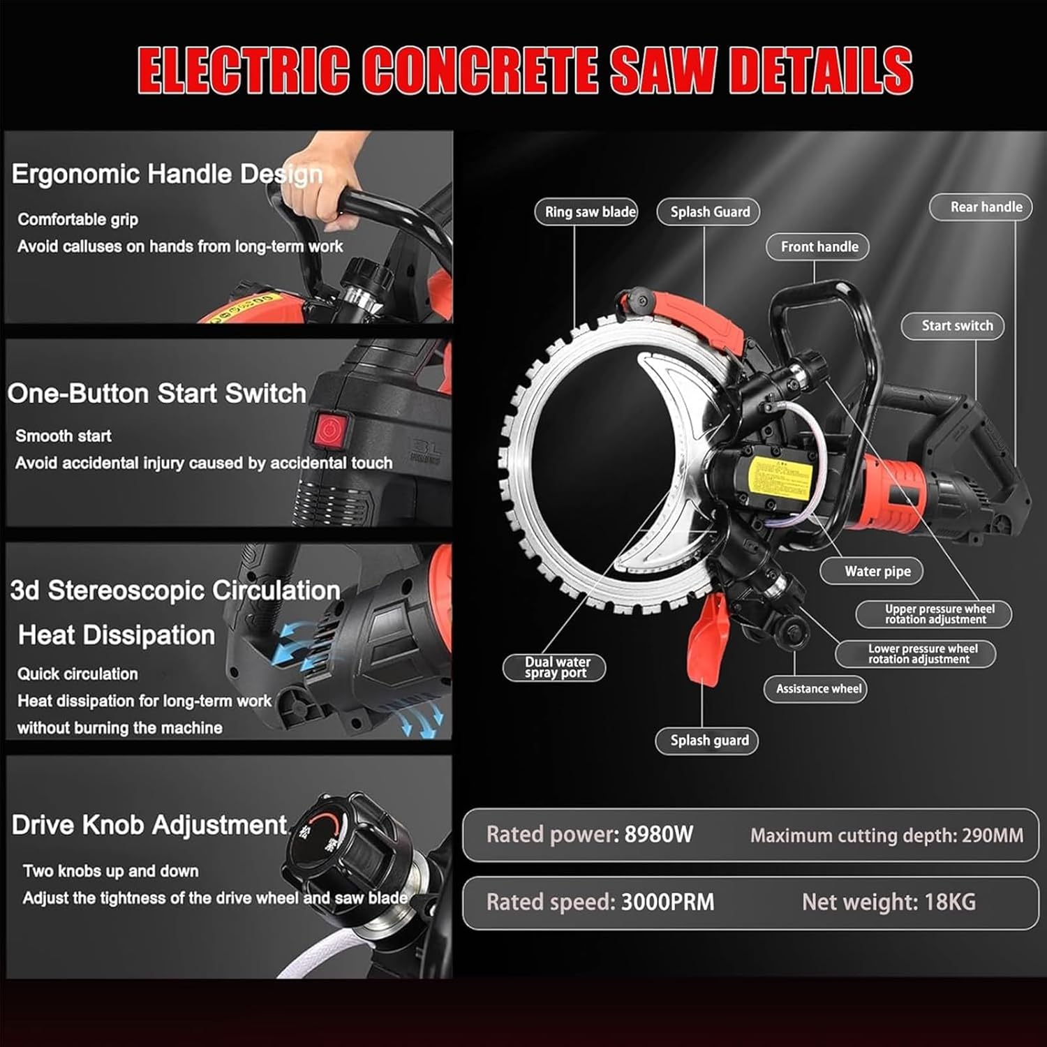Concrete Saw 16 inch Electric Concrete Ring Saw, 12000W Electric Concretes Circular Saws Cutter, Cortadora de Concreto, with 2 Blades Depth of cut 11.8inch, for Stone, Brick and Marble, 12000W