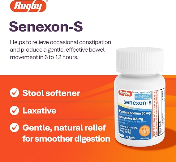 Rugby Senexon-S, Docusate Sodium 50mg, Sennosides 8.6mg, 100 Count (1-Pack)