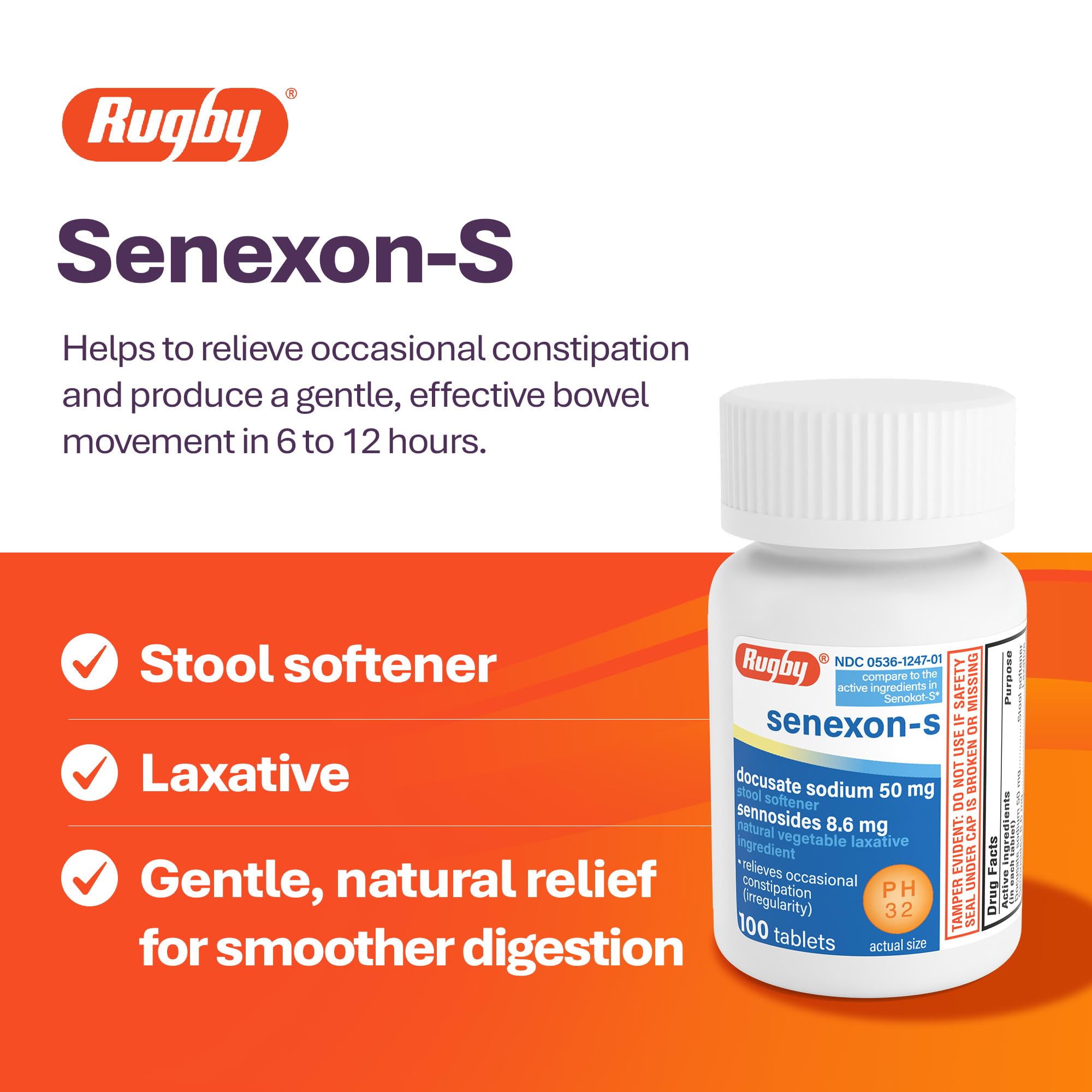 Rugby Senexon-S, Docusate Sodium 50mg, Sennosides 8.6mg, 100 Count (1-Pack) — Amazon image 3