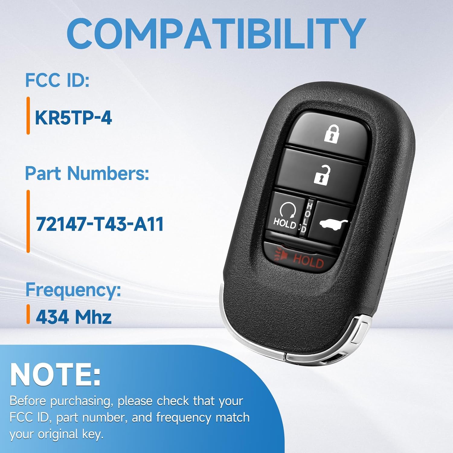 Key Fob Replacement Remote Fits for Honda HR-V CR-V Pilot 2023-2024 Proximity Keyless Entry Smart Remote Control 434Mhz KR5TP-4 72147-T43-A11