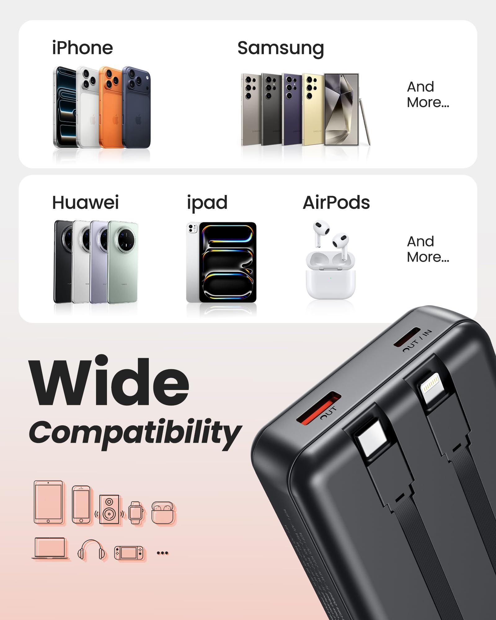 Solar Powerbank 27000mAh, Power Bank mit 2 Kabeln, 22,5W Schnelllade Powerbank Tragbares Ladegerät geeignet für Smartphones