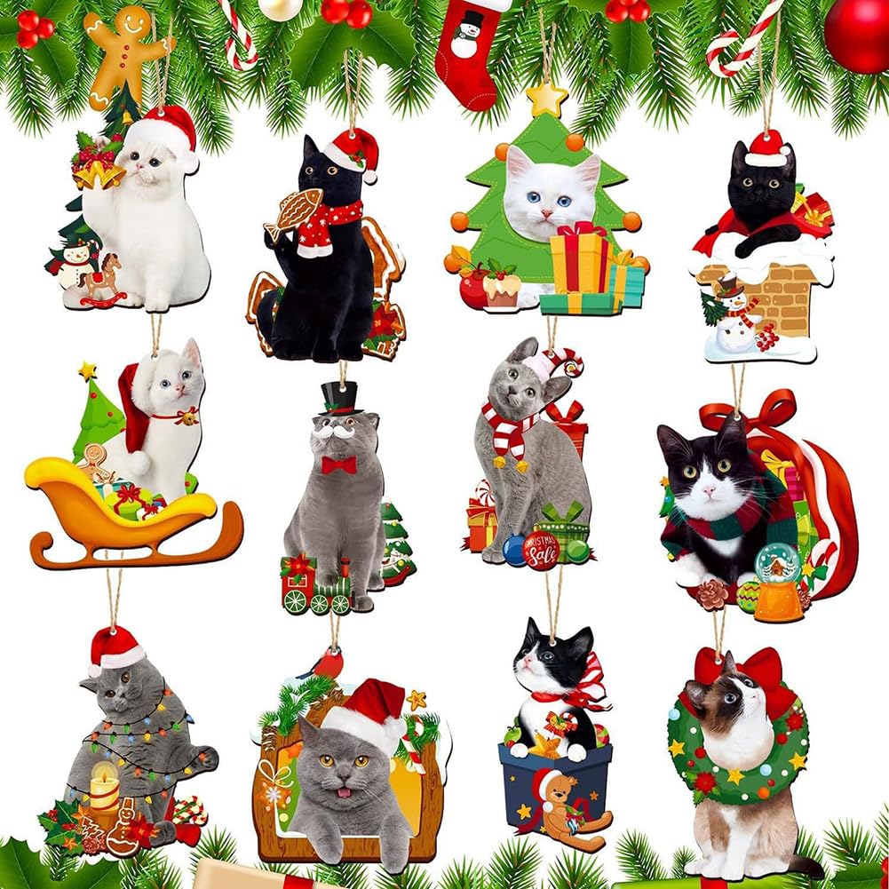 Colgantes de árbol de Navidad, 12 unidades, diseño de gato de dibujos animados, decoración divertida para colgar en el árbol de Navidad, decoración de árbol de Navidad, regalo