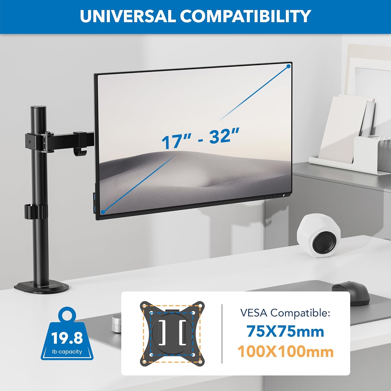 Mount-It! Single Monitor Arm 17" to 32", Full Motion Adjustment with Tilt, Rotation, Swivel, Height Adjustment Along Pole, Clamp or Grommet Mounting, Monitor Desk Mount VESA 75x75 and 100x100, Black